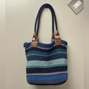 The Sak Women's Striped Knit‎ Leather Shoulder Bag Navy Blue Teal